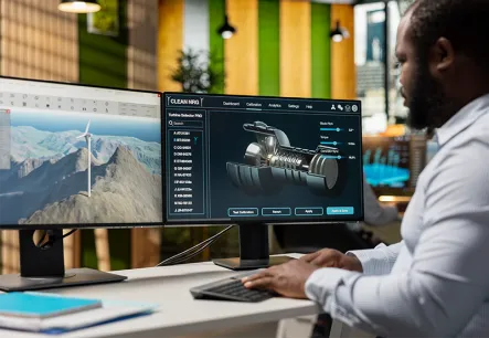 Engineer using AI-powered digital twin technology to analyze manufacturing equipment performance and product design simulations.