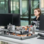 Engineer using computer-based simulation equipment to support virtual commissioning and manufacturing process validation