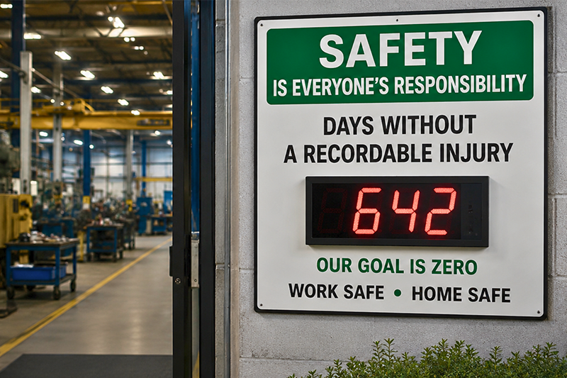 Image of manufacturing plant with a days without injury sign